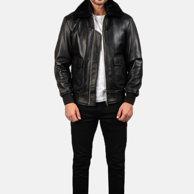 Airin G-1 Black Leather Jacket with Plush Fur Collar