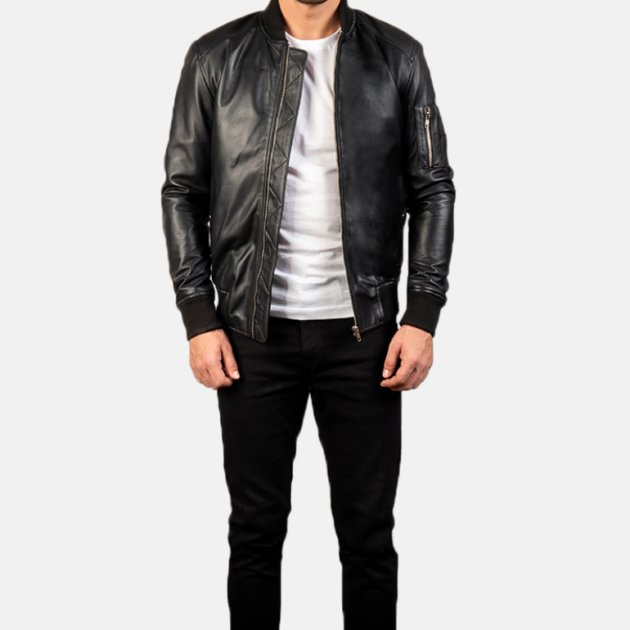 Bomia MA-1 Black Leather Motorcycle Jacket