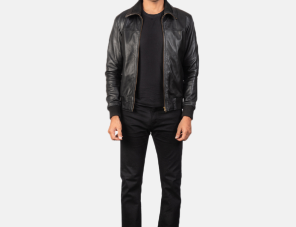 Men’s Air Rolf Black Leather Bomber Jacket – Sleek and Durable