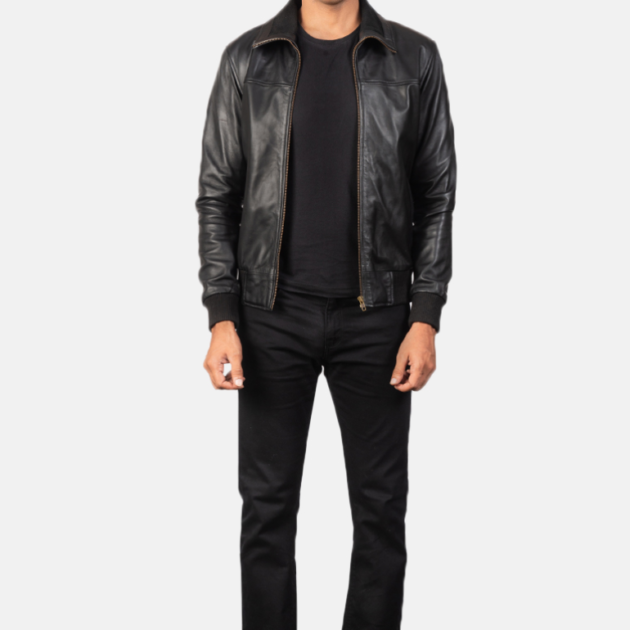 Men’s Air Rolf Black Leather Bomber Jacket – Sleek and Durable