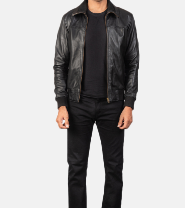 Men’s Air Rolf Black Leather Bomber Jacket – Sleek and Durable