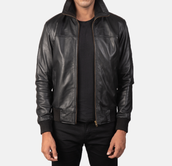 Men’s Air Rolf Black Leather Bomber Jacket – Sleek and Durable