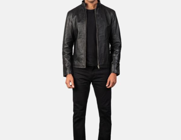 Sleek black leather biker jacket Durable construction for rugged adventures Comfortable fit with modern tailoring Features zippered pockets and cuffs Perfect for rides and casual outings
