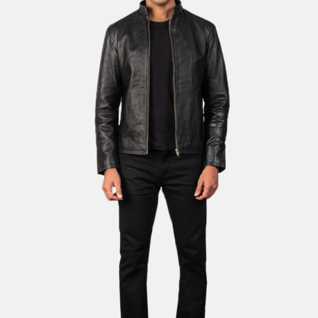 Sleek black leather biker jacket Durable construction for rugged adventures Comfortable fit with modern tailoring Features zippered pockets and cuffs Perfect for rides and casual outings