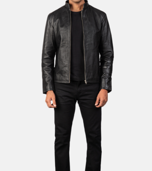 Sleek black leather biker jacket Durable construction for rugged adventures Comfortable fit with modern tailoring Features zippered pockets and cuffs Perfect for rides and casual outings