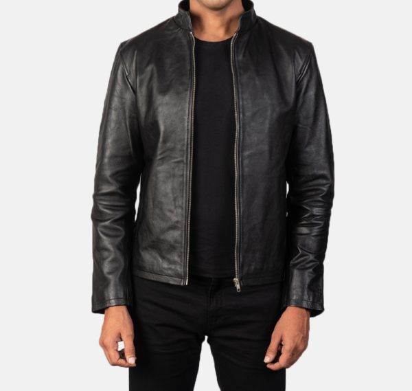 Sleek black leather biker jacket Durable construction for rugged adventures Comfortable fit with modern tailoring Features zippered pockets and cuffs Perfect for rides and casual outings
