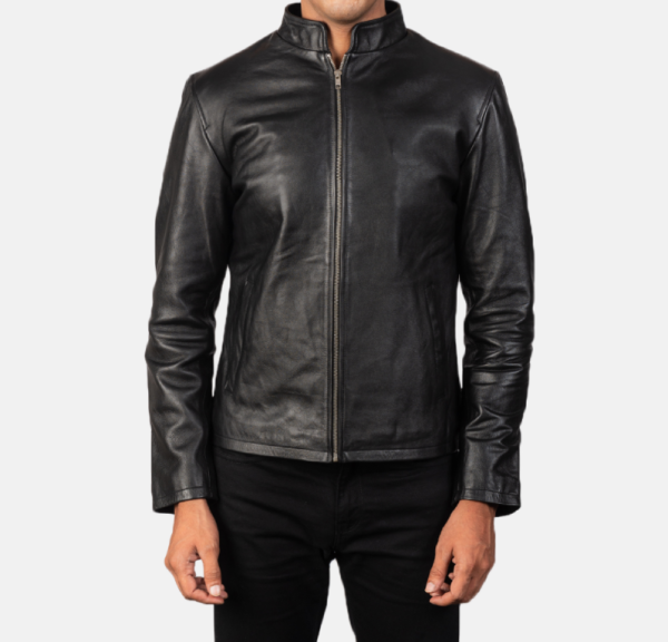 Sleek black leather biker jacket Durable construction for rugged adventures Comfortable fit with modern tailoring Features zippered pockets and cuffs Perfect for rides and casual outings