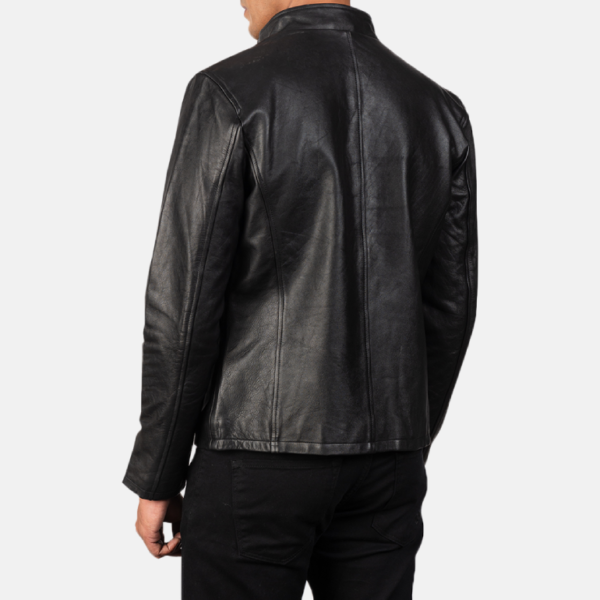 Sleek black leather biker jacket Durable construction for rugged adventures Comfortable fit with modern tailoring Features zippered pockets and cuffs Perfect for rides and casual outings