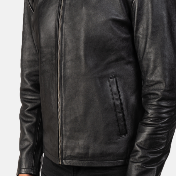 Sleek black leather biker jacket Durable construction for rugged adventures Comfortable fit with modern tailoring Features zippered pockets and cuffs Perfect for rides and casual outings