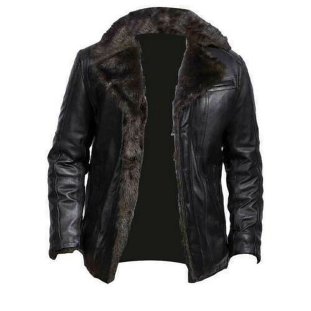 Men's Black Sheepskin Leather Jacket with Plush Fur Lining