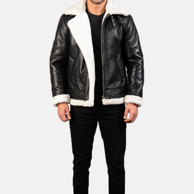 Men’s Francis B-3 Black & White Leather Jacket – Fur-Lined for Ultimate Warmth