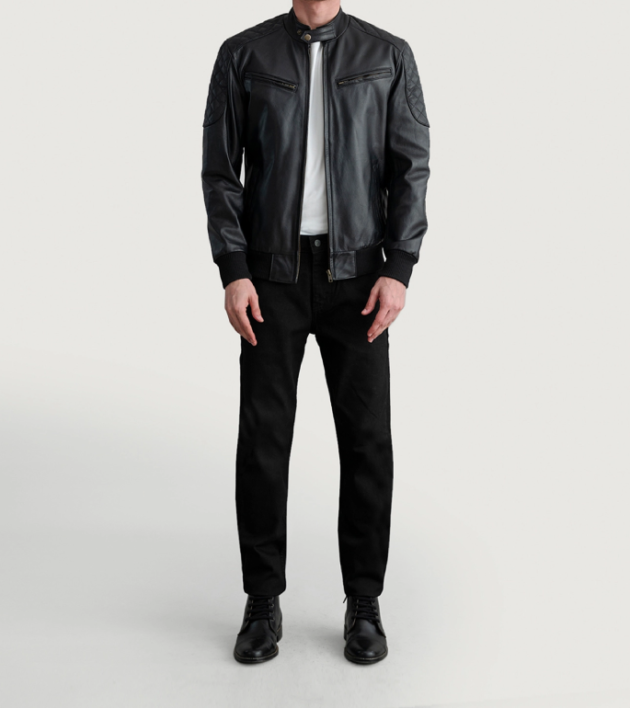 Men’s Sven Black Leather Bomber Jacket – Rugged & Durable