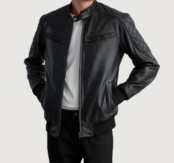 Men’s Sven Black Leather Bomber Jacket – Rugged & Durable