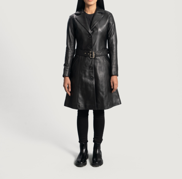 Midnight Elegance Black Leather Trench Coat