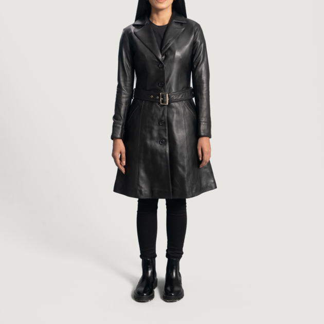 Midnight Elegance Black Leather Trench Coat
