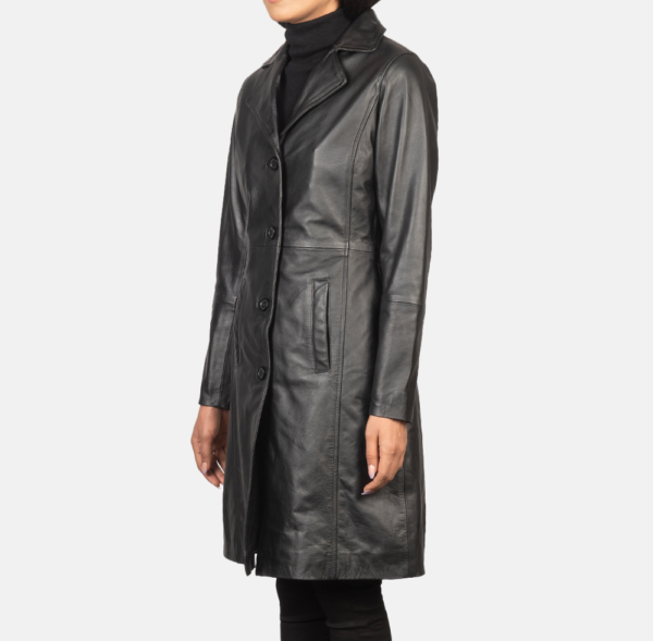 Selene Black Single-Breasted Leather Coat – Stylish & Refined
