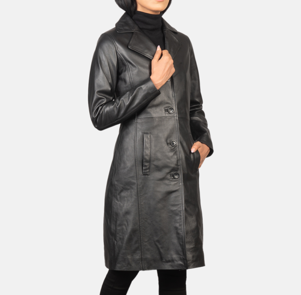 Selene Black Single-Breasted Leather Coat – Stylish & Refined