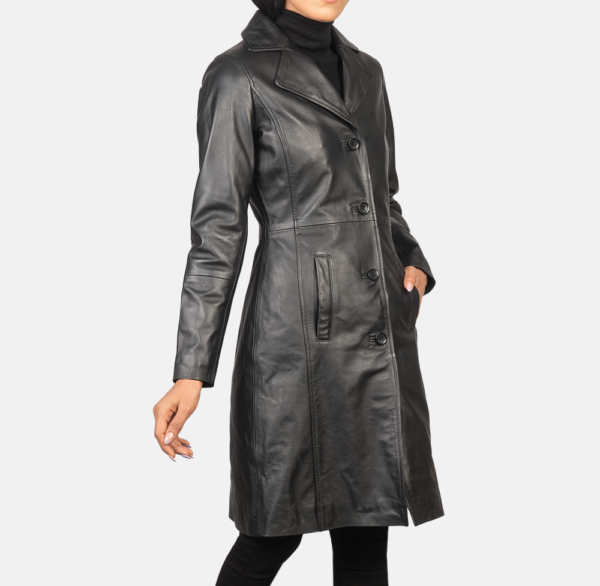 Selene Black Single-Breasted Leather Coat – Stylish & Refined
