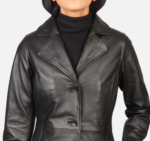 Selene Black Single-Breasted Leather Coat – Stylish & Refined