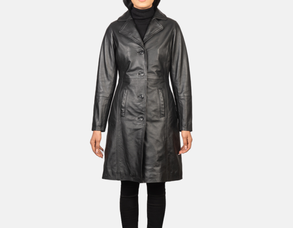 Selene Black Single-Breasted Leather Coat – Stylish & Refined