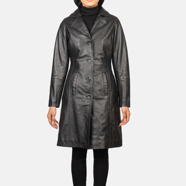 Selene Black Single-Breasted Leather Coat – Stylish & Refined